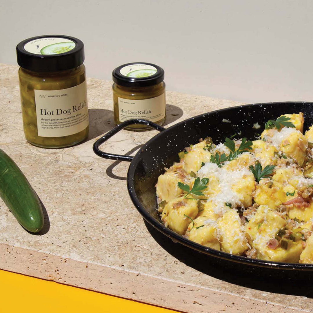 Hot dog gnocchi with sausage, bacon and Women's Work Hot Dog Relish
