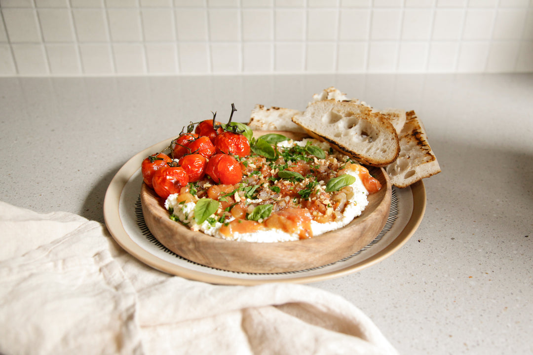 Whipped feta with Women's Work ripe tomato dip