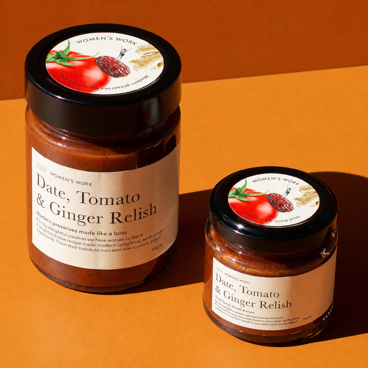 Women's Work Date, Tomato & Ginger Relish 330g and 115g jars