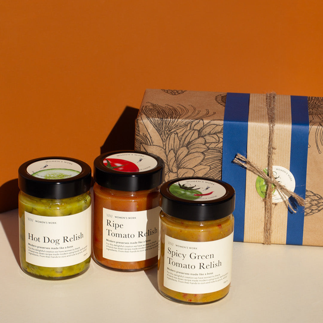 Women's Work Father's Day Relish Gift Box. Three Jars of relish with a gift box behind them